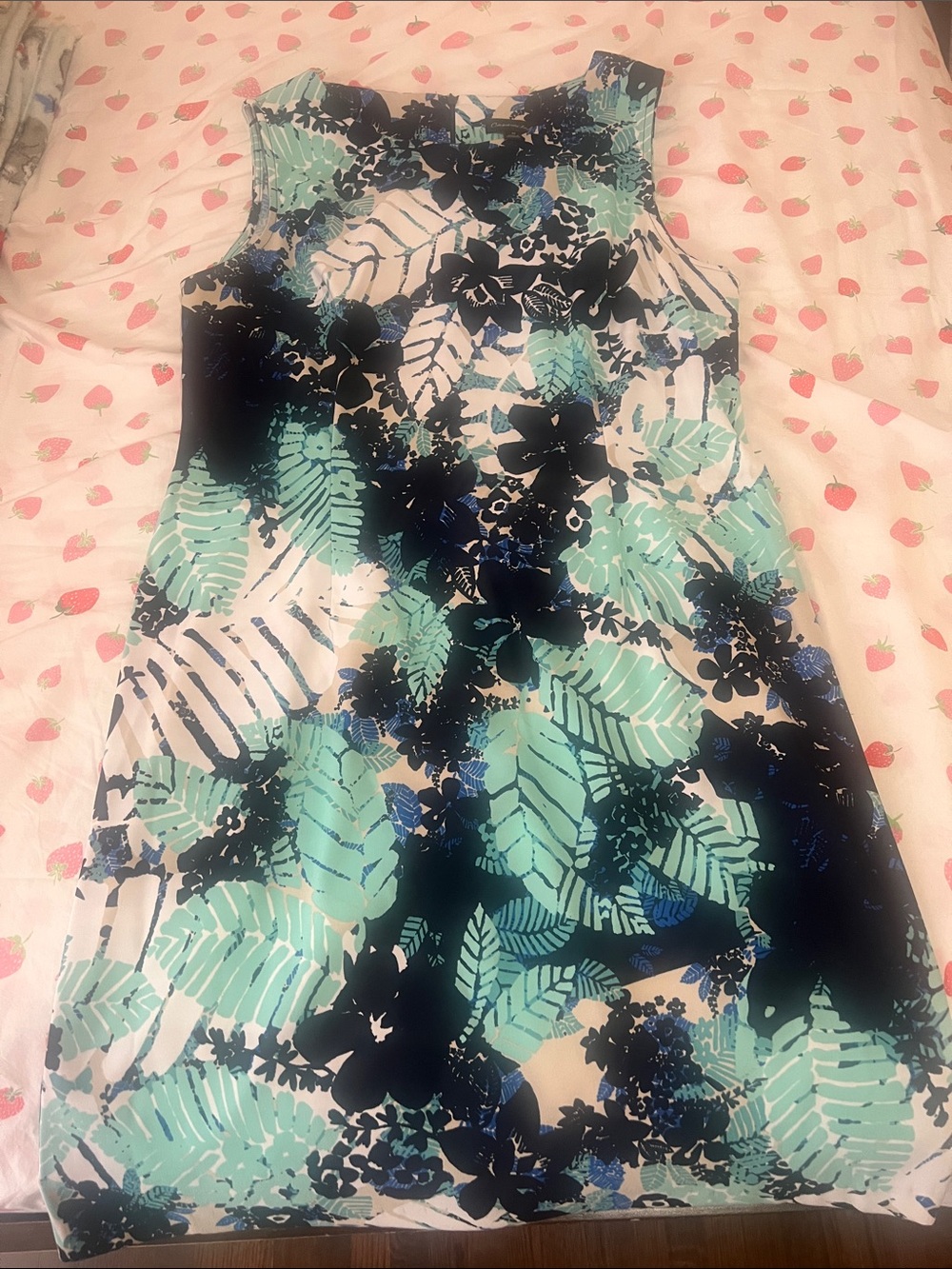 Tropical Leaf Print Sleeveless Shift Dress - Aqua & Navy
